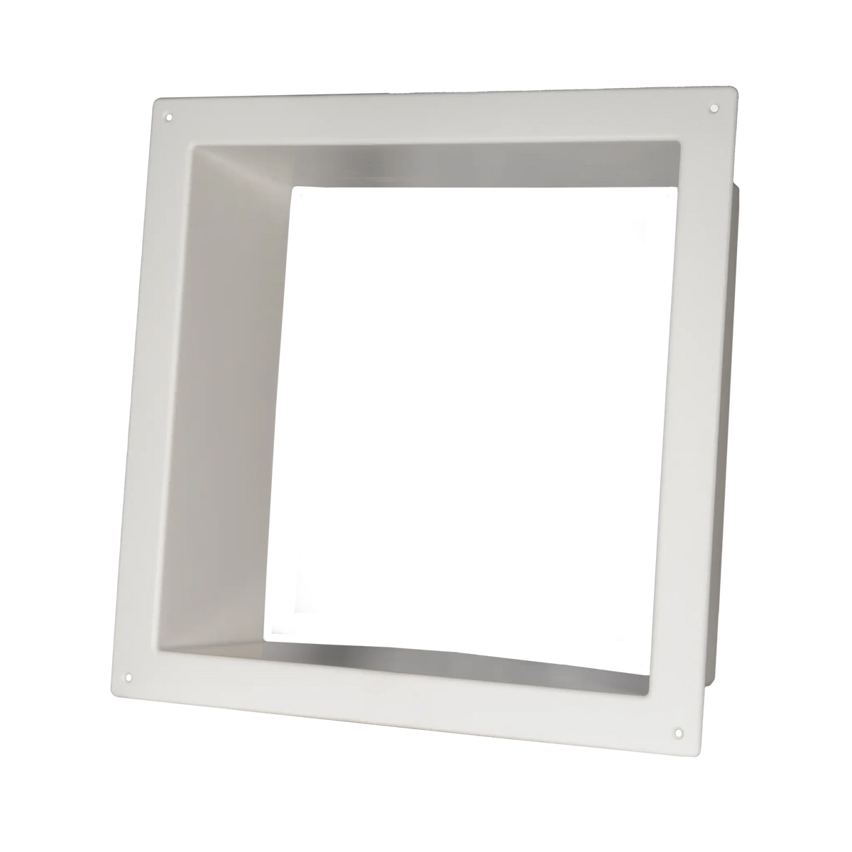 TRA 12V electric side vent roof hatch white trim surround front view with a square opening and screw holes.
