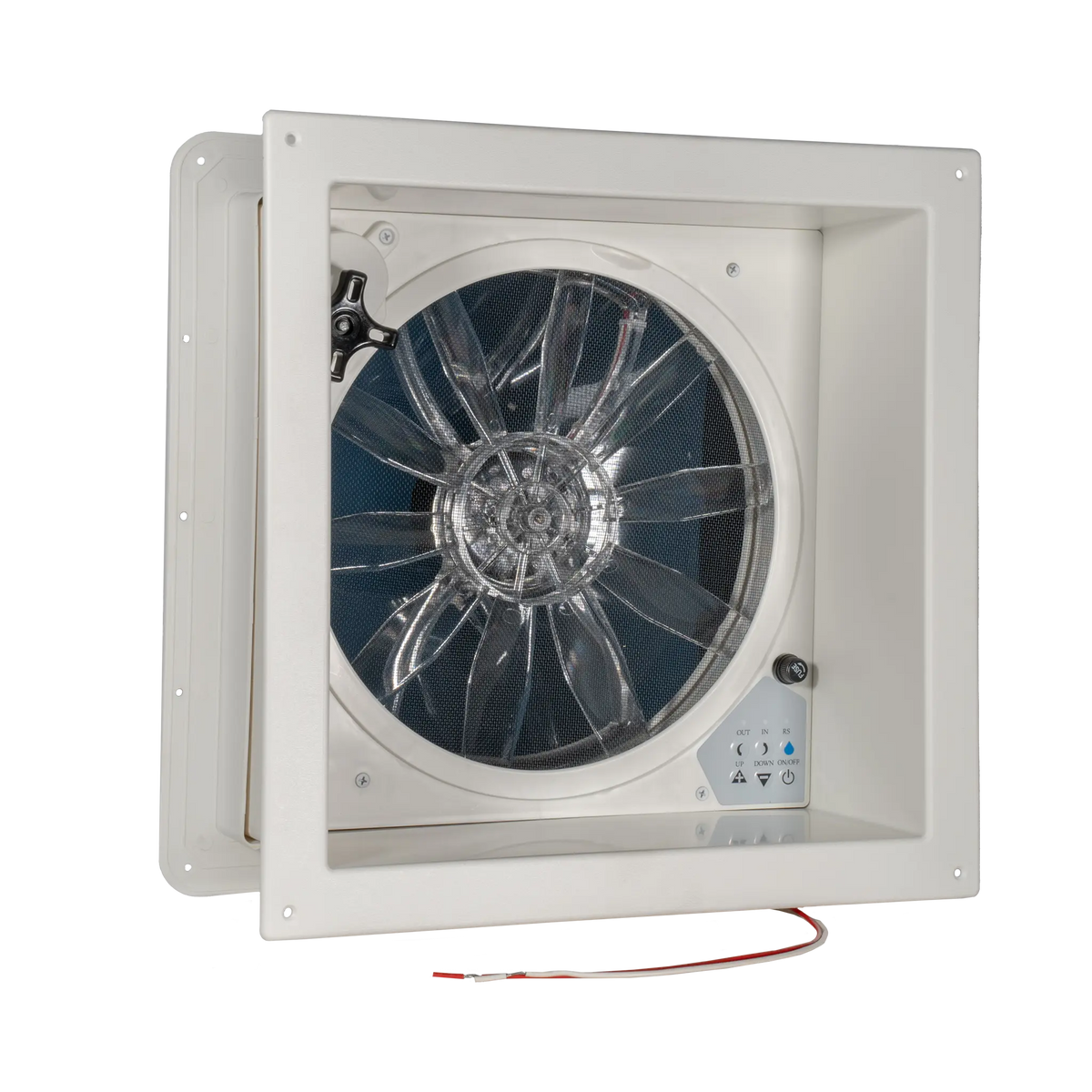 TRA 12V electric side vent roof hatch angled interior view with clear fan blades and a control panel.