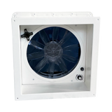 TRA 12V manual roof vent hatch interior view with fan blades, an opening knob and speed dial.