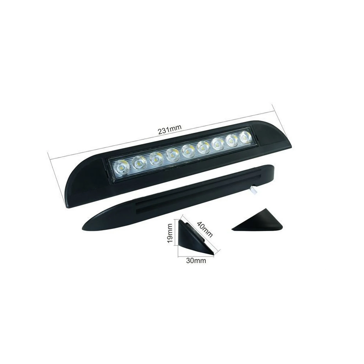 TRA 500 lumen 12V black LED awning light dimension diagram with a separate rear strip and end profile.