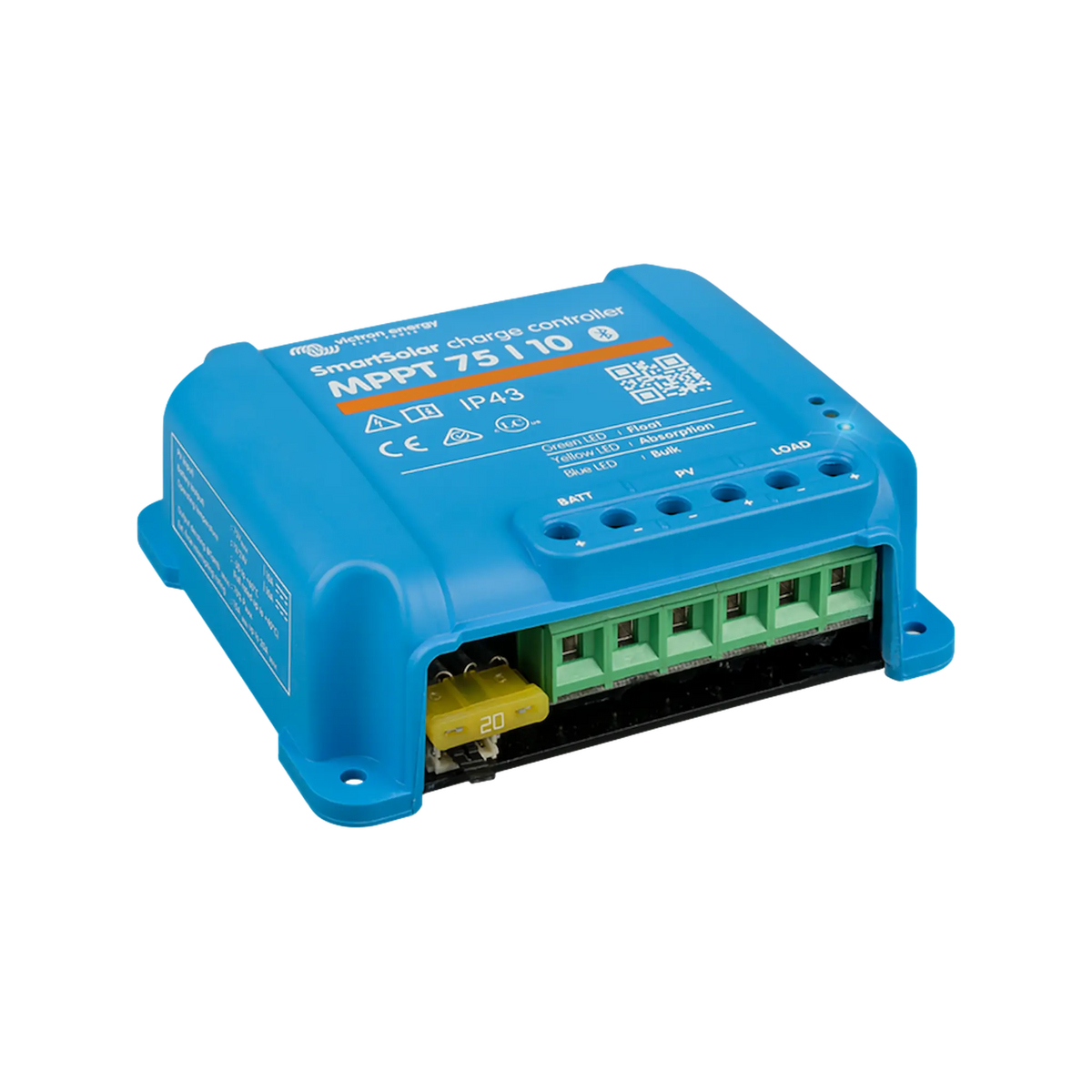 Victron SmartSolar MPPT 75/10 Bluetooth solar controller in a front-left angled view.
