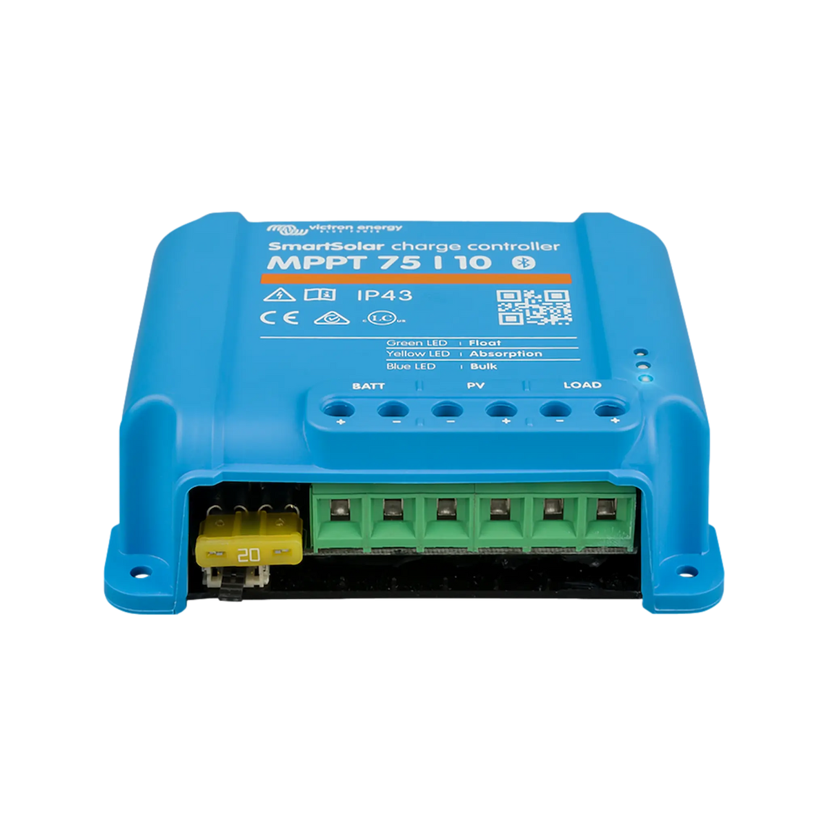 Victron SmartSolar MPPT 75/10 Bluetooth solar controller front view with fuse and terminal block.
