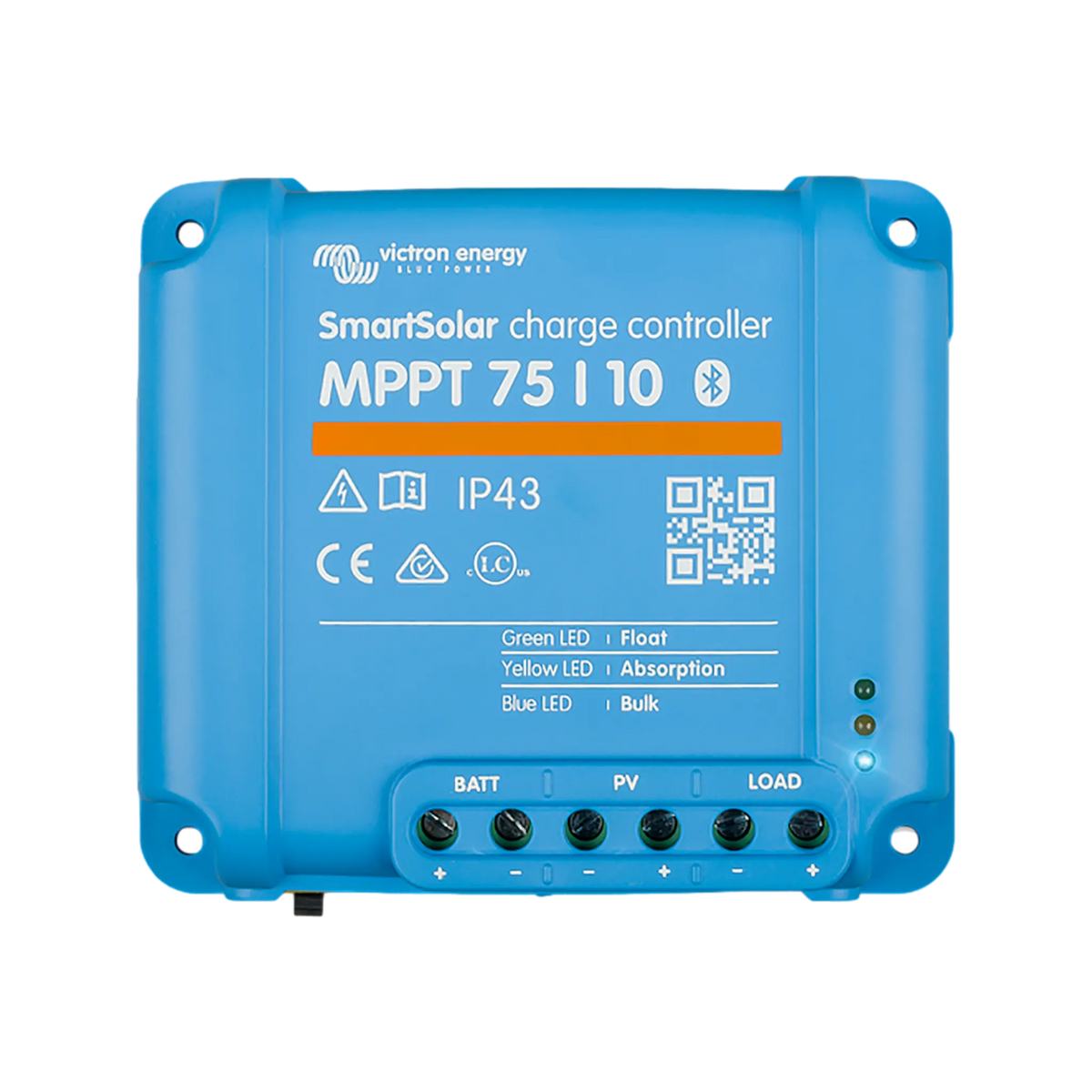 Victron SmartSolar MPPT 75/10 Bluetooth solar controller top view with label, status lights and terminals.