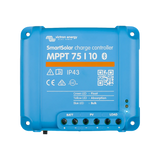 Victron SmartSolar MPPT 75/10 Bluetooth solar controller top view with label, status lights and terminals.