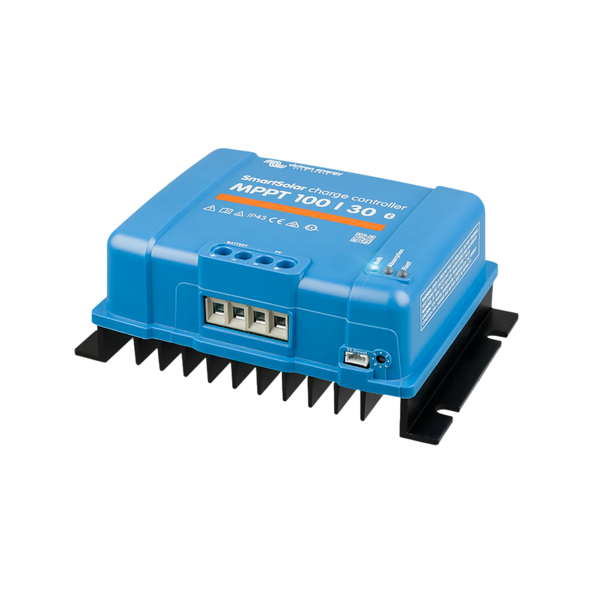 Victron SmartSolar MPPT 100/30 controller front right view with blue housing and mounting feet.