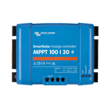 Victron SmartSolar MPPT 100/30 controller front view with model label and charging status lights.