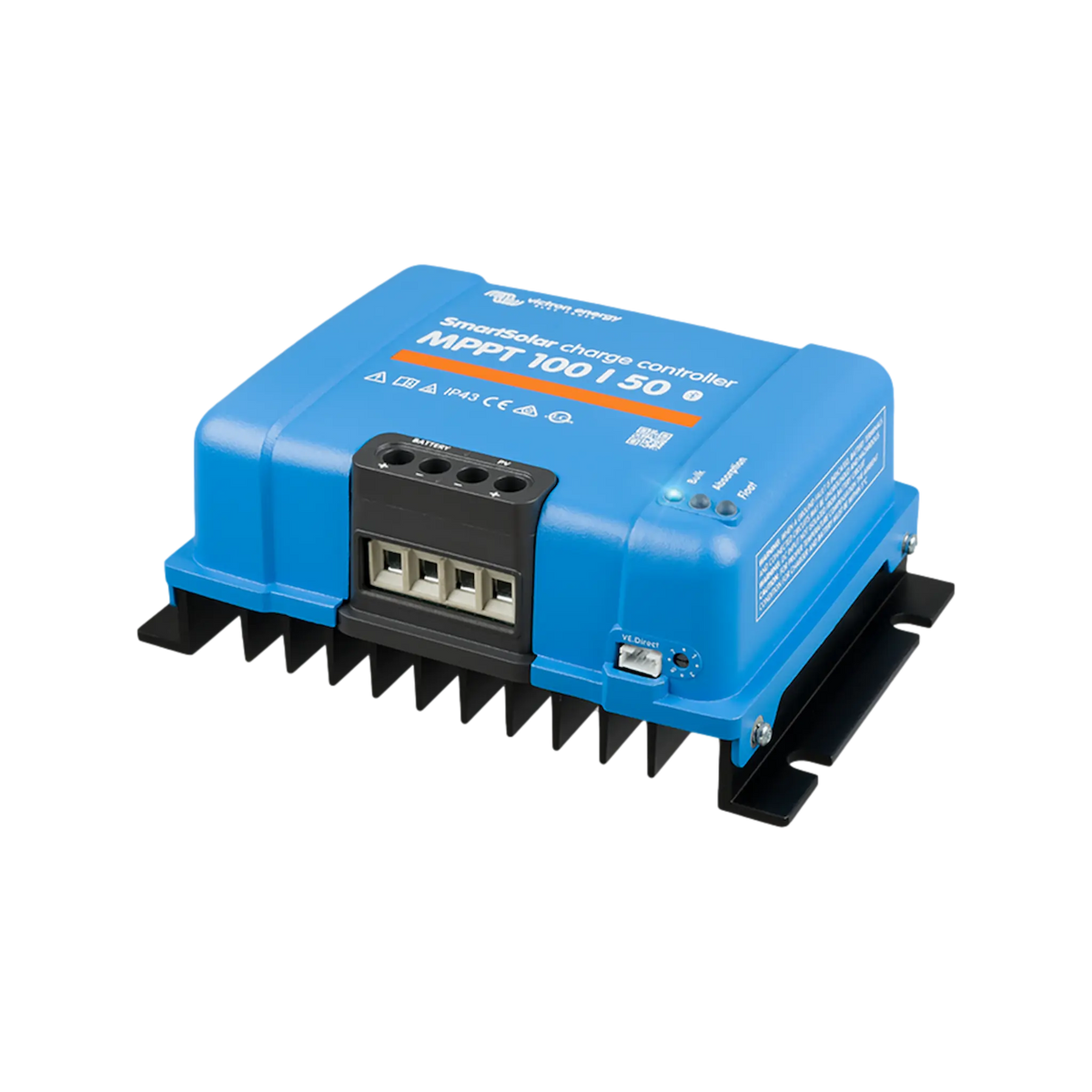 Victron SmartSolar MPPT 100/50 controller front right view with blue housing and mounting feet.