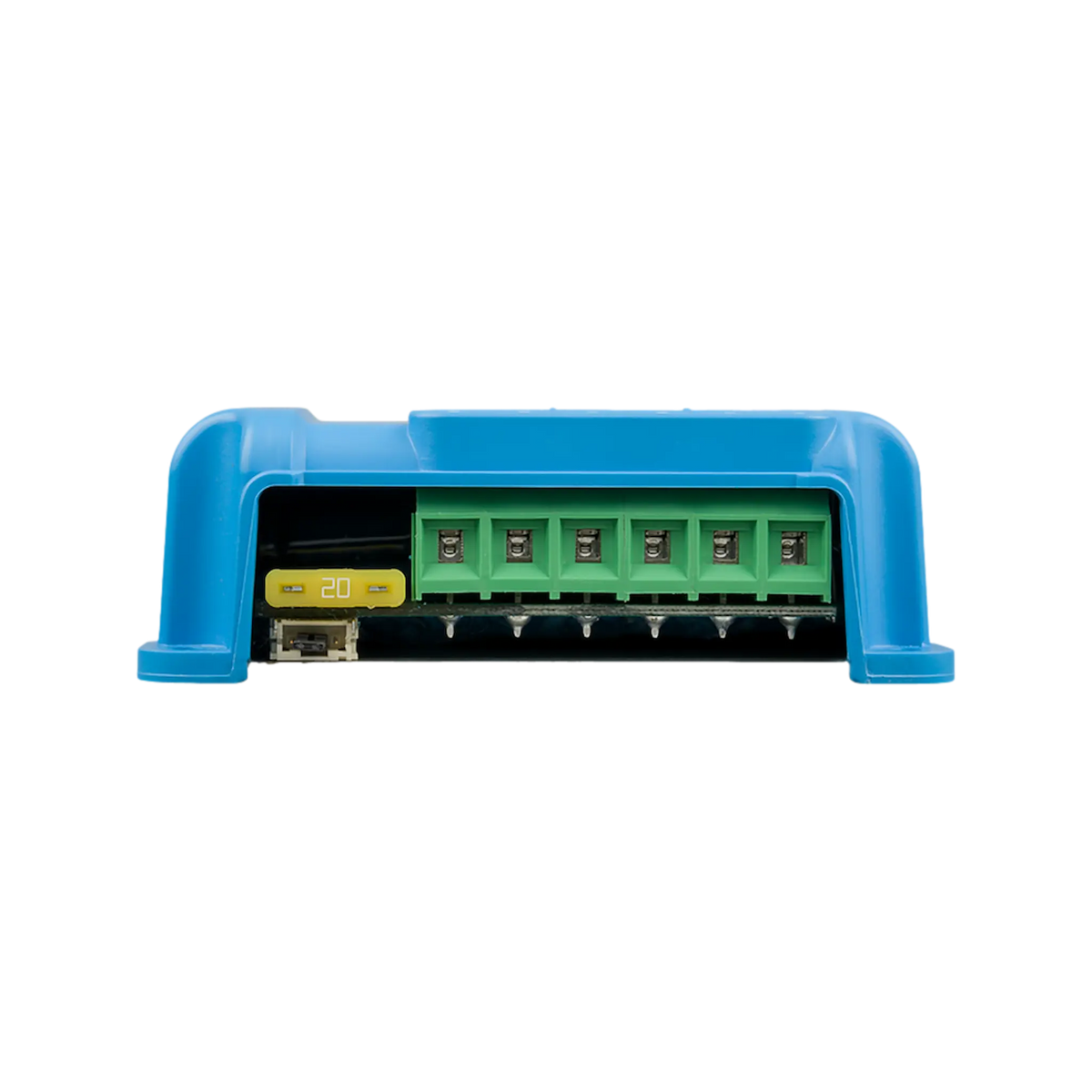 Victron SmartSolar MPPT 75/15 Bluetooth controller terminal end view with six green terminals and a 20A blade fuse.