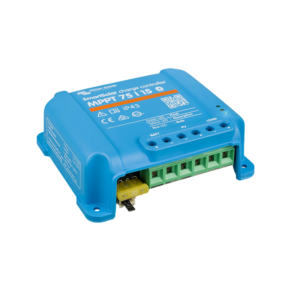 Victron SmartSolar MPPT 75/15 Bluetooth controller front left view with green terminals and a yellow blade fuse.