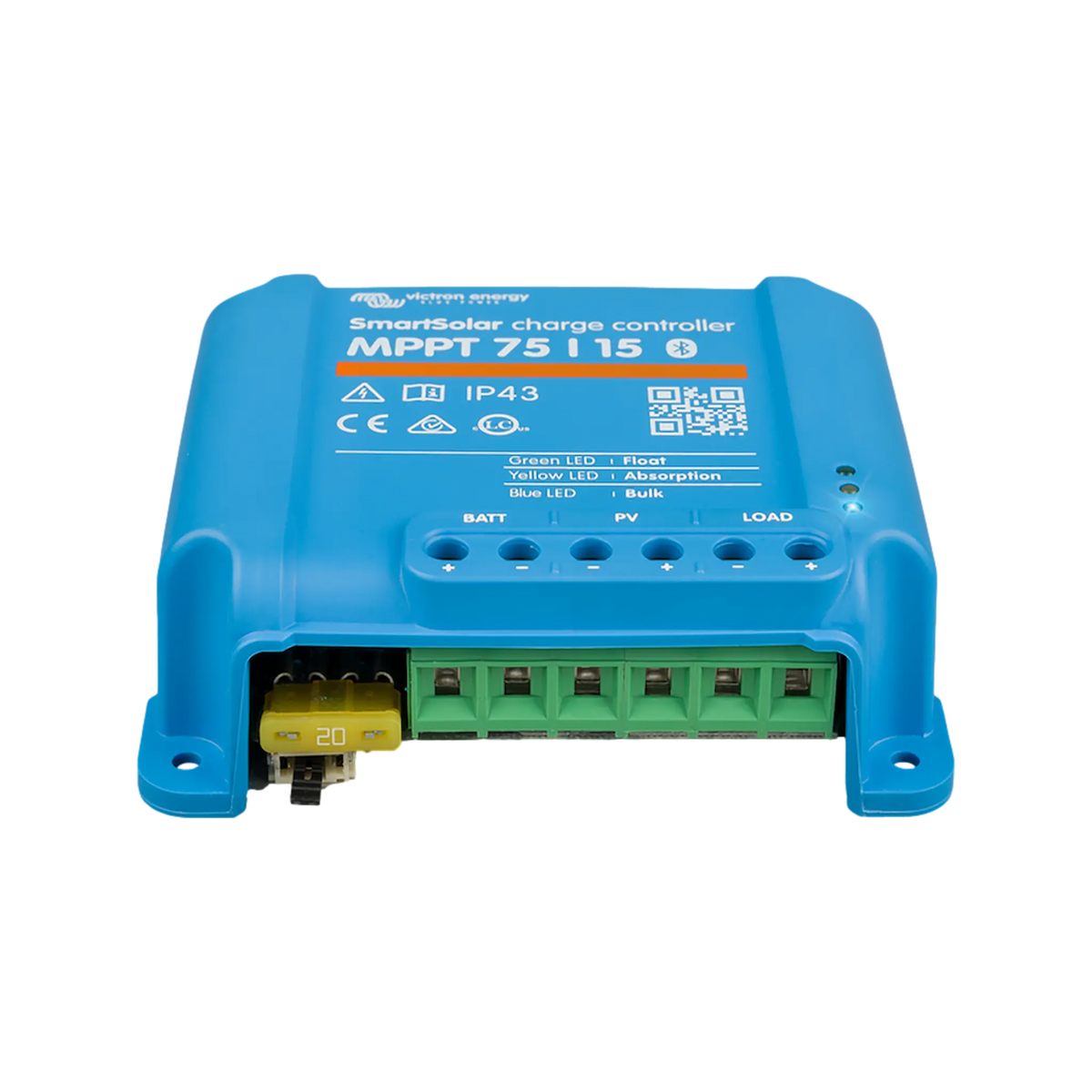 Victron SmartSolar MPPT 75/15 Bluetooth controller front view with battery, solar and load terminal markings.