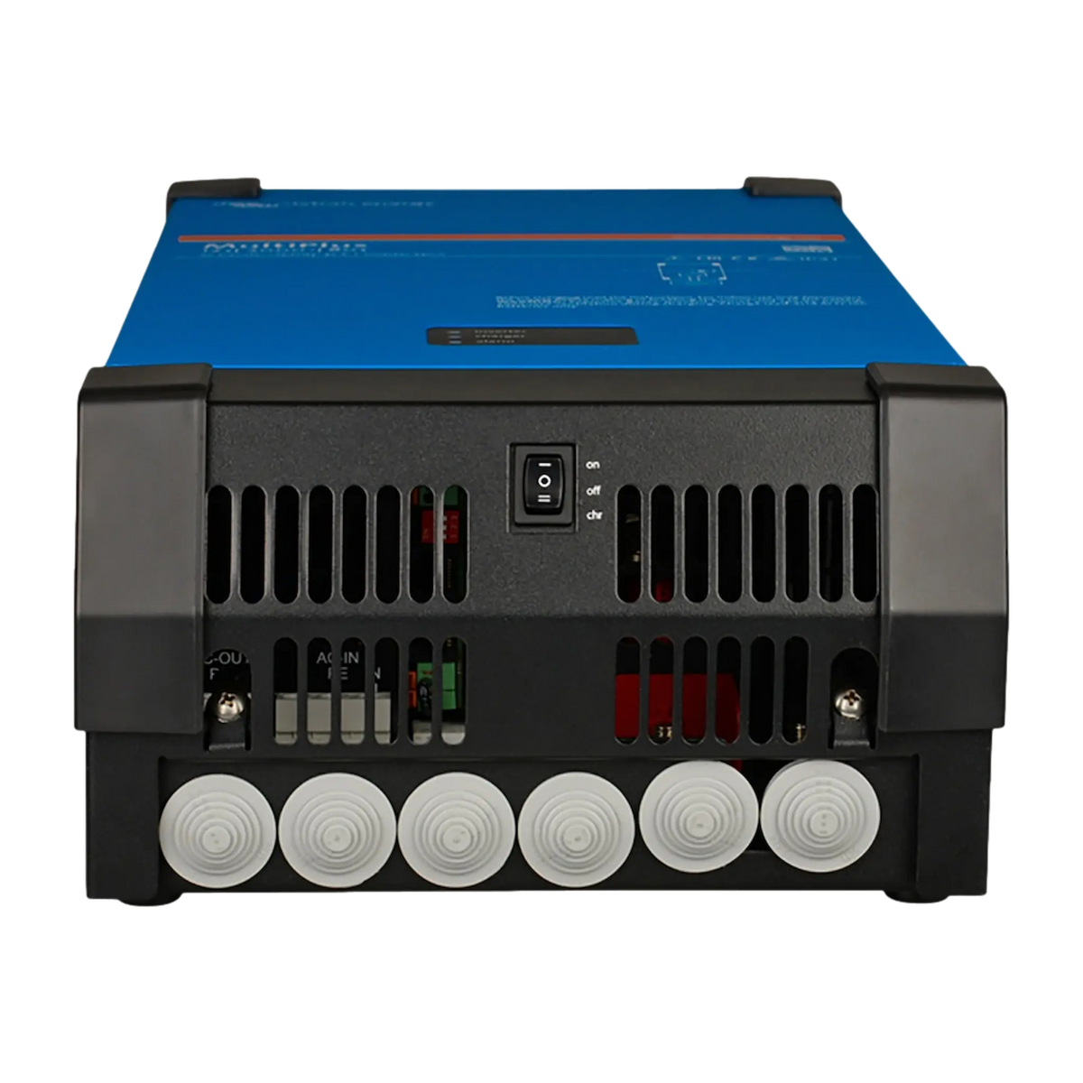 Victron MultiPlus 2000W/80A 12V inverter charger connection panel with power switch.