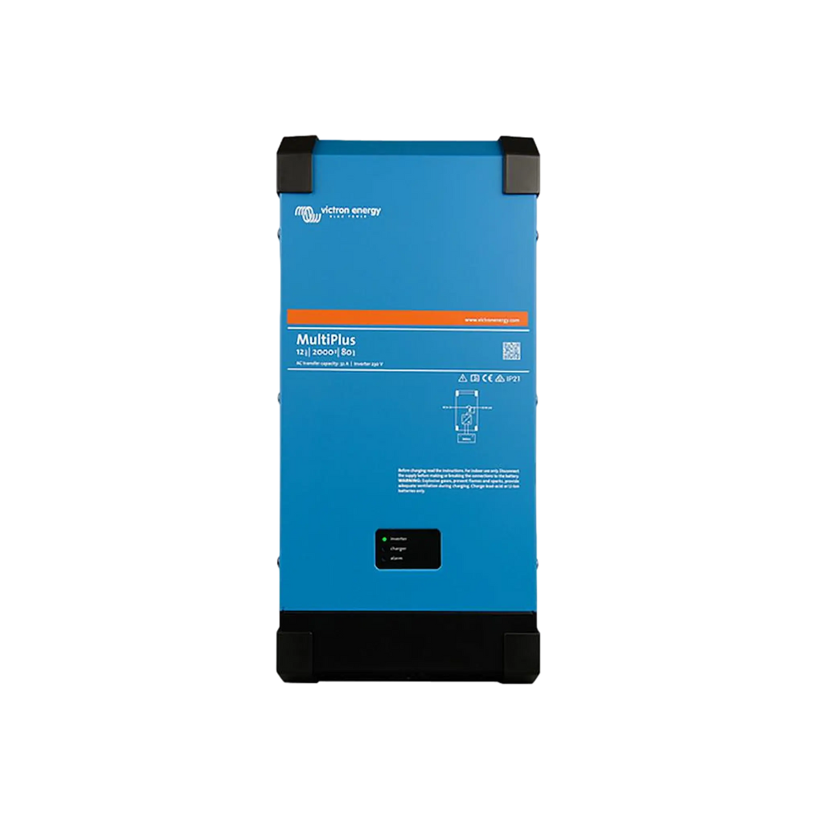 Victron MultiPlus 2000W/80A 12V inverter charger straight front view with status display.