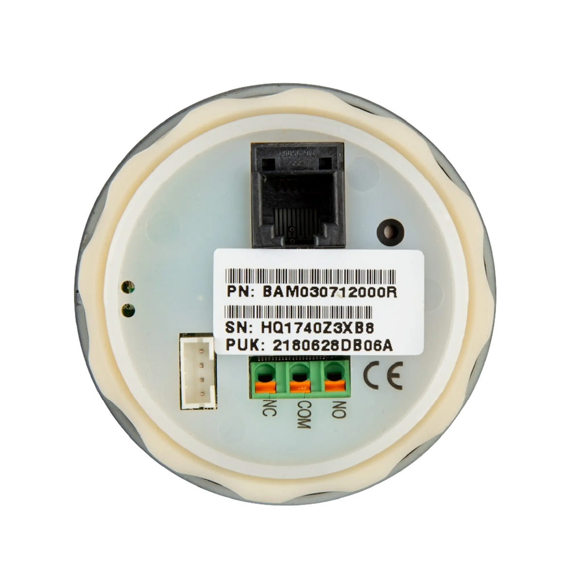 Rear view of the Victron BMV-712 battery monitor with data socket, wiring terminals and product label.