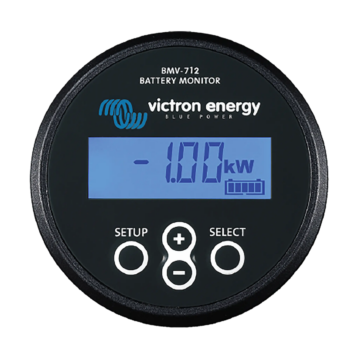 Victron BMV-712 Smart Bluetooth battery monitor straight front view display.