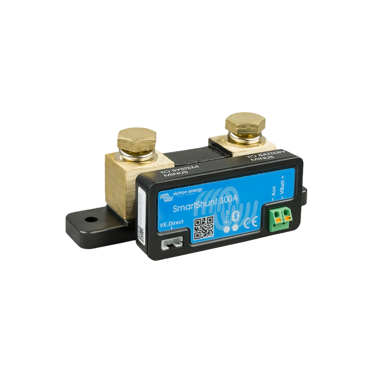 Victron SmartShunt 300A Bluetooth battery monitor in a front-left angled view with brass terminals.