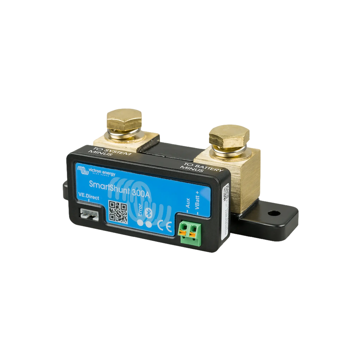 Victron SmartShunt 300A Bluetooth battery monitor in a front-right angled view with brass terminals.