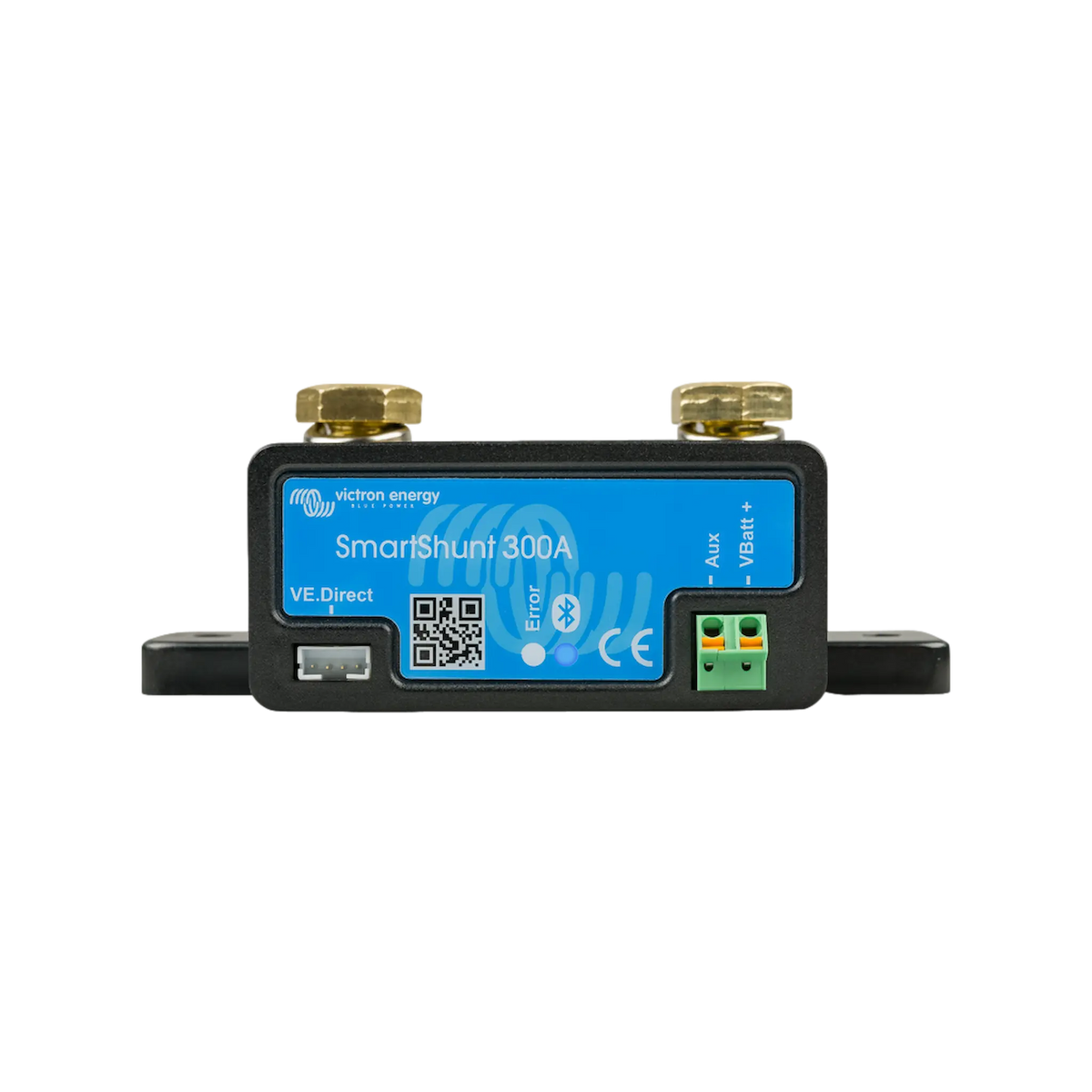 Victron SmartShunt 300A Bluetooth battery monitor straight front view with label and connection ports.