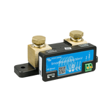 Victron SmartShunt 500A battery monitor front left view with two terminal bolts and a black mounting base.