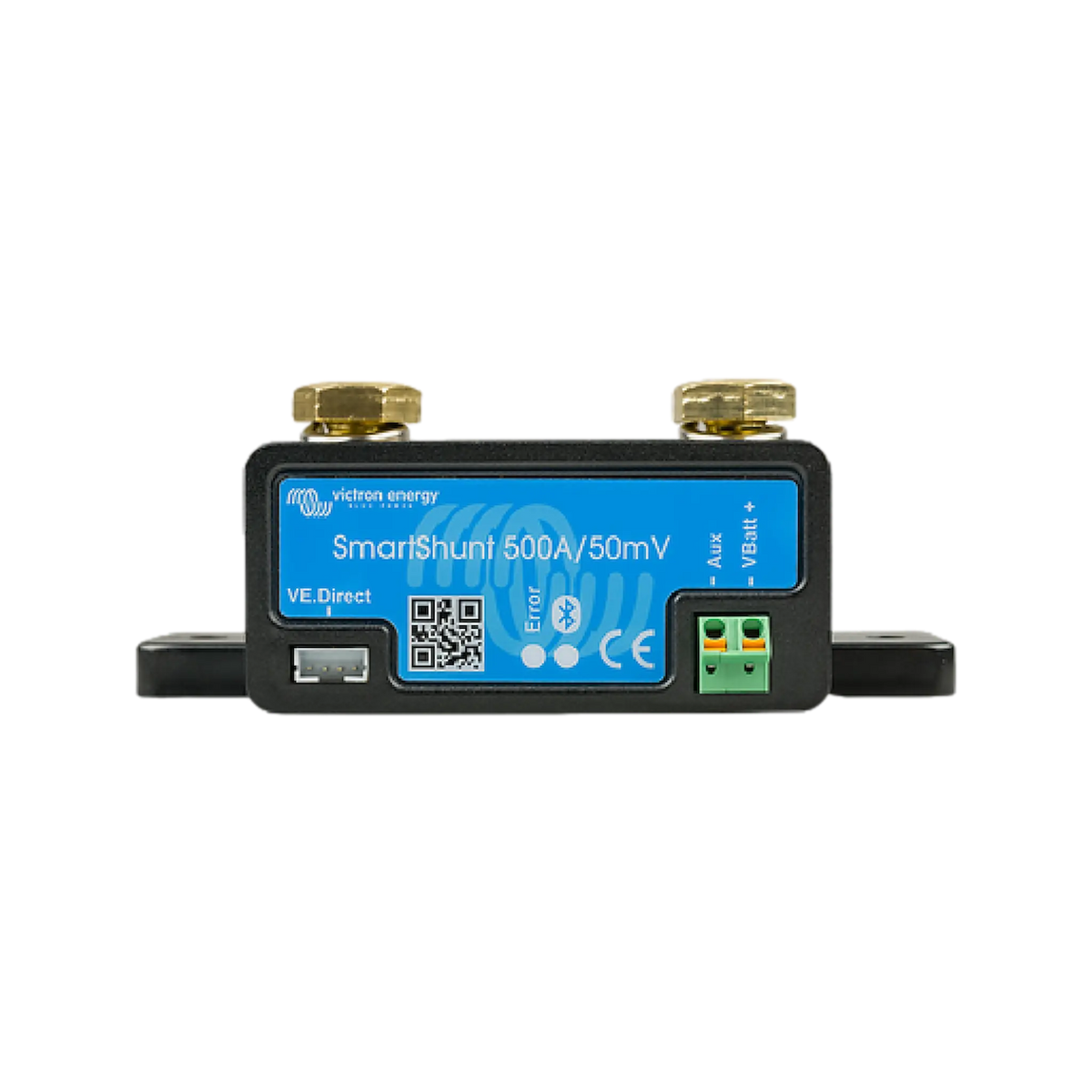 Victron SmartShunt 500A battery monitor front view with a data port and green terminal block.