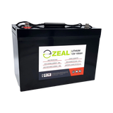 Zeal 100Ah 12V lithium deep cycle battery in a front left view with top terminals and front label visible.