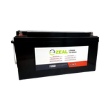 Zeal 200Ah 12V lithium deep cycle battery front view with side label and top terminals.