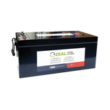 Zeal 300Ah 12V lithium deep cycle battery front left view with top terminals and side label.