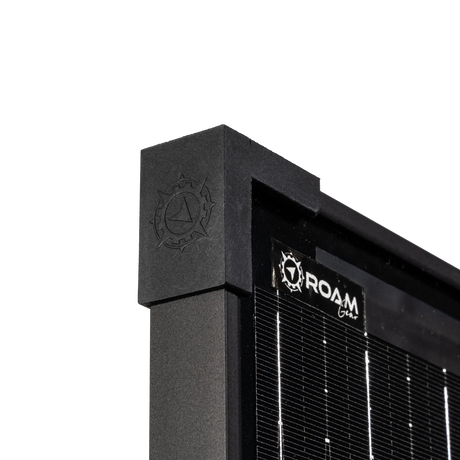 Roam Gear slimline black glass solar panel corner with embossed cap and logo