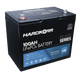Hardkorr Black 100Ah 12V lithium battery angled top view with terminal posts and front label.