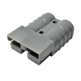 Roam Gear grey 50A Anderson plug in a front right view with the moulded logo and twin connector openings.