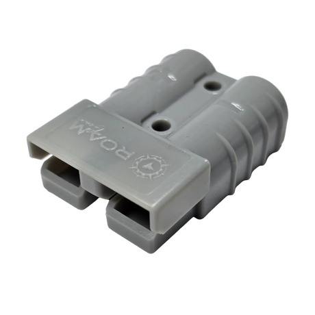 Roam Gear grey 50A Anderson plug in a front right view with the moulded logo and twin connector openings.