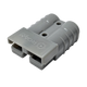 Roam Gear grey 50A Anderson plug in a front right view with the moulded logo and twin connector openings.
