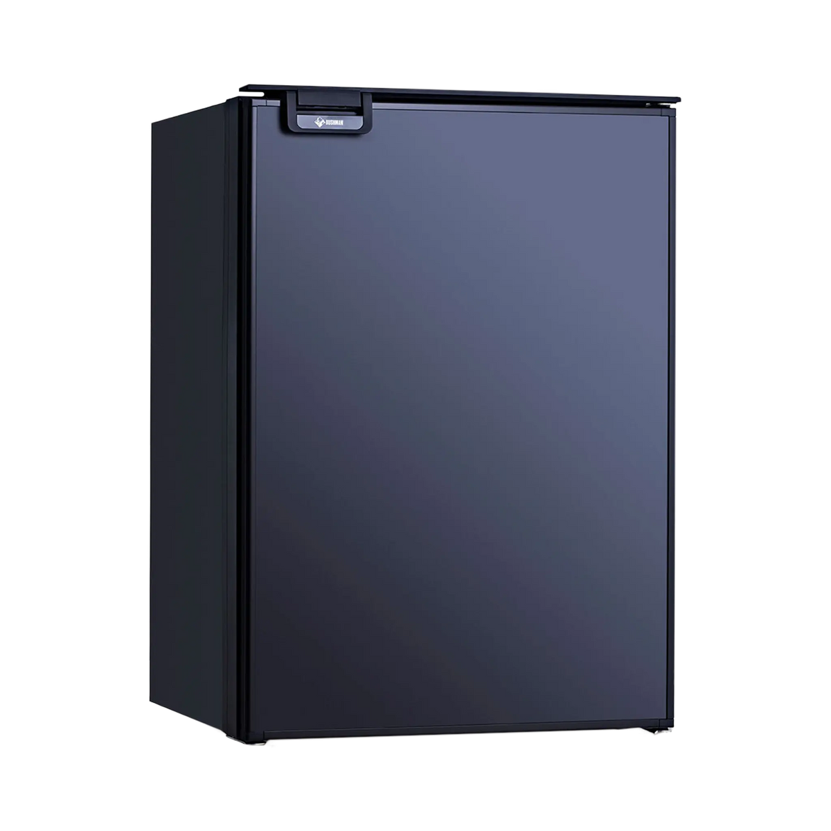 Bushman 130L black upright fridge front left view with its door closed and latch at the top.