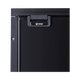 Bushman 130L black upright fridge close up of its black door latch and upper door frame.