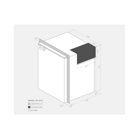 Bushman 130L upright fridge dimension drawing with mounting frame measurements and a shaded rear cooling unit.