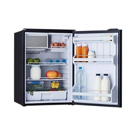 Bushman 130L black upright fridge fully open with stocked shelves, door racks and an upper freezer compartment.