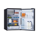 Bushman 130L black upright fridge fully open with stocked shelves, door racks and an upper freezer compartment.