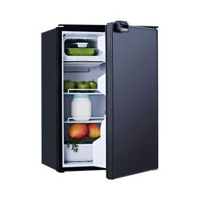 Bushman 130L black upright fridge with its door partly open and food visible on the shelves.