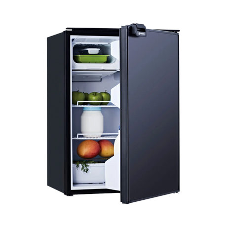 Bushman 130L black upright fridge with its door partly open and food visible on the shelves.