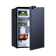 Bushman 130L black upright fridge with its door partly open and food visible on the shelves.