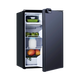 Bushman 130L black upright fridge with its door partly open and food visible on the shelves.