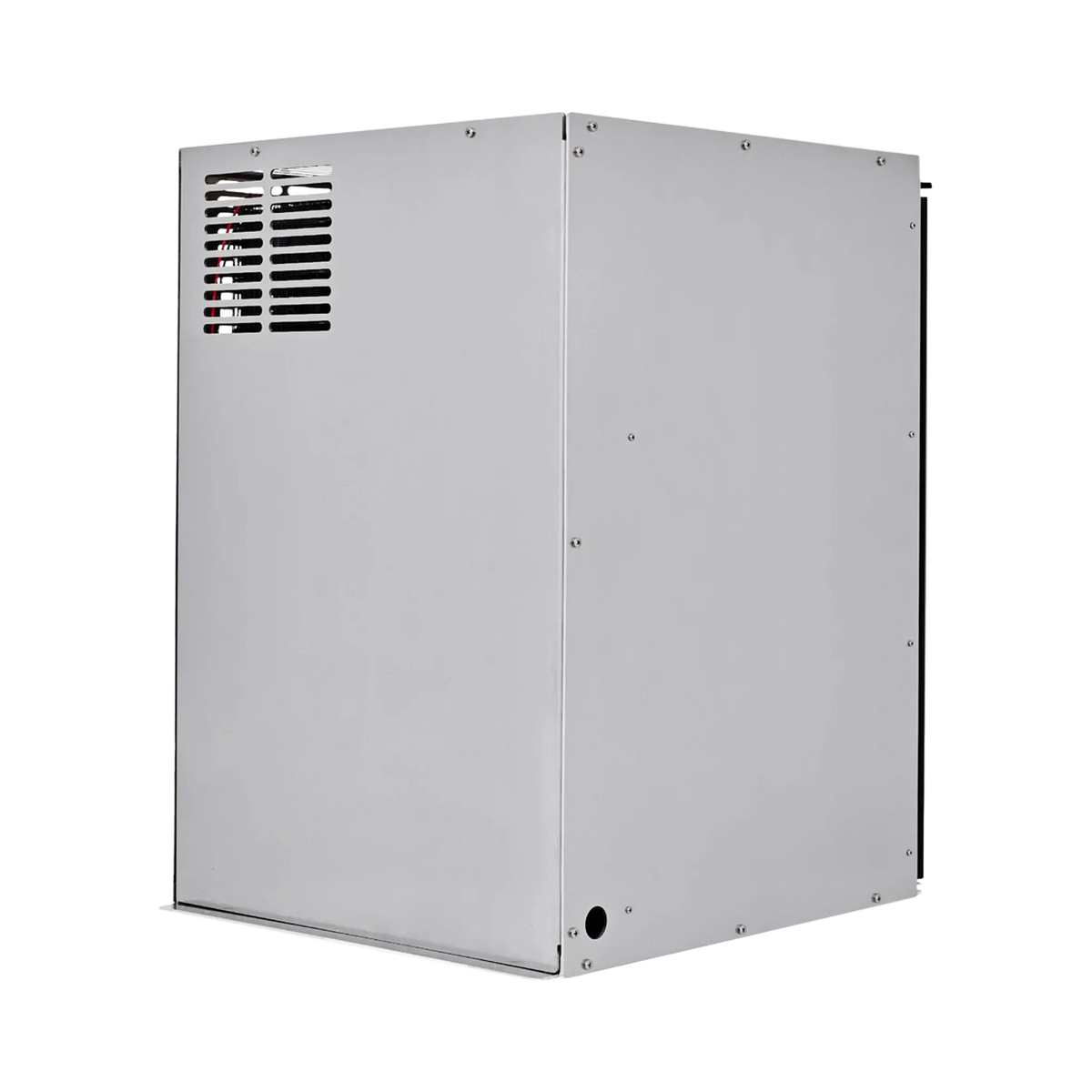 Bushman 130L aluminium fridge box rear angled view with ventilation slots and a circular cable opening.