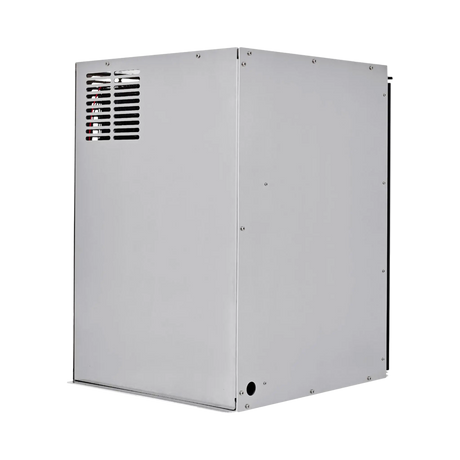 Bushman 130L aluminium fridge box rear angled view with ventilation slots and a circular cable opening.