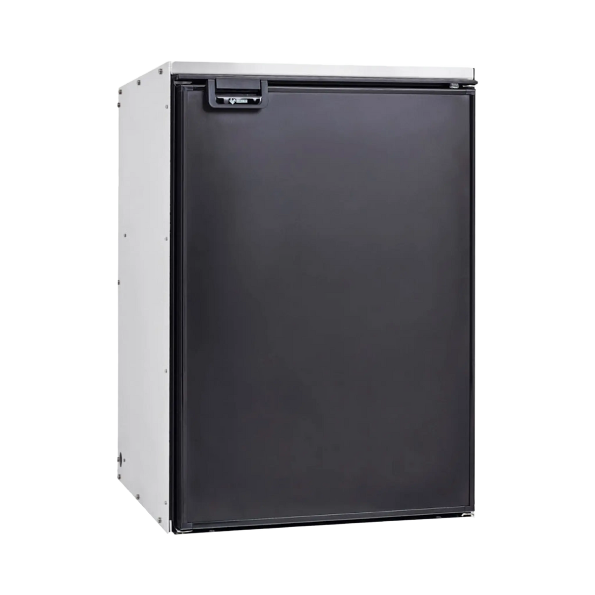 Bushman 130L aluminium fridge box front left view with a black fridge fitted and its door closed.