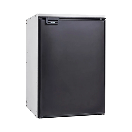 Bushman 130L aluminium fridge box front left view with a black fridge fitted and its door closed.