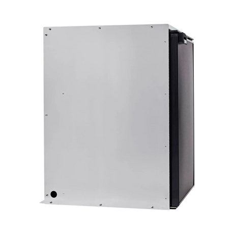 Bushman 130L aluminium fridge box left side view with a plain panel and circular cable opening.