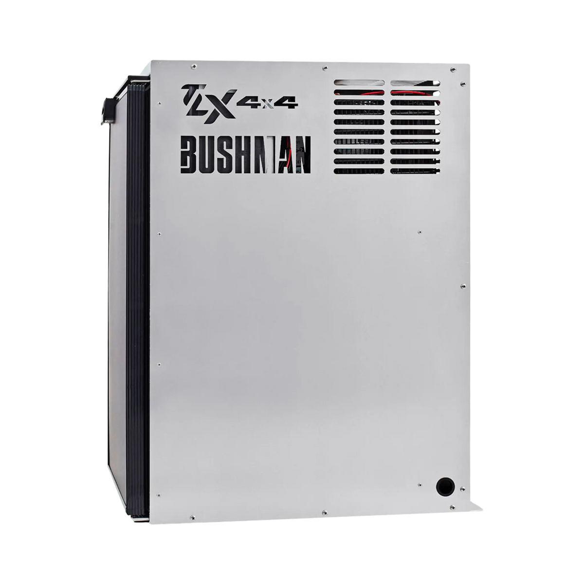 Bushman 130L aluminium fridge box right side view with vent slots and cutout logos beside a black fridge door.