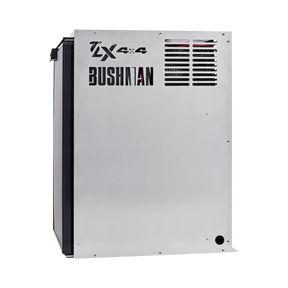 Bushman 130L aluminium fridge box right side view with vent slots and cutout logos beside a black fridge door.