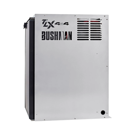 Bushman 130L aluminium fridge box right side view with vent slots and cutout logos beside a black fridge door.