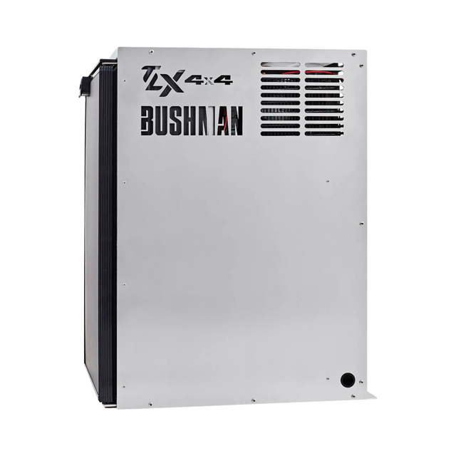 Bushman 130L aluminium fridge box right side view with vent slots and cutout logos beside a black fridge door.