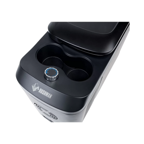 Bushman Roadie 15L portable fridge freezer top close up with two cup holders and a control knob.